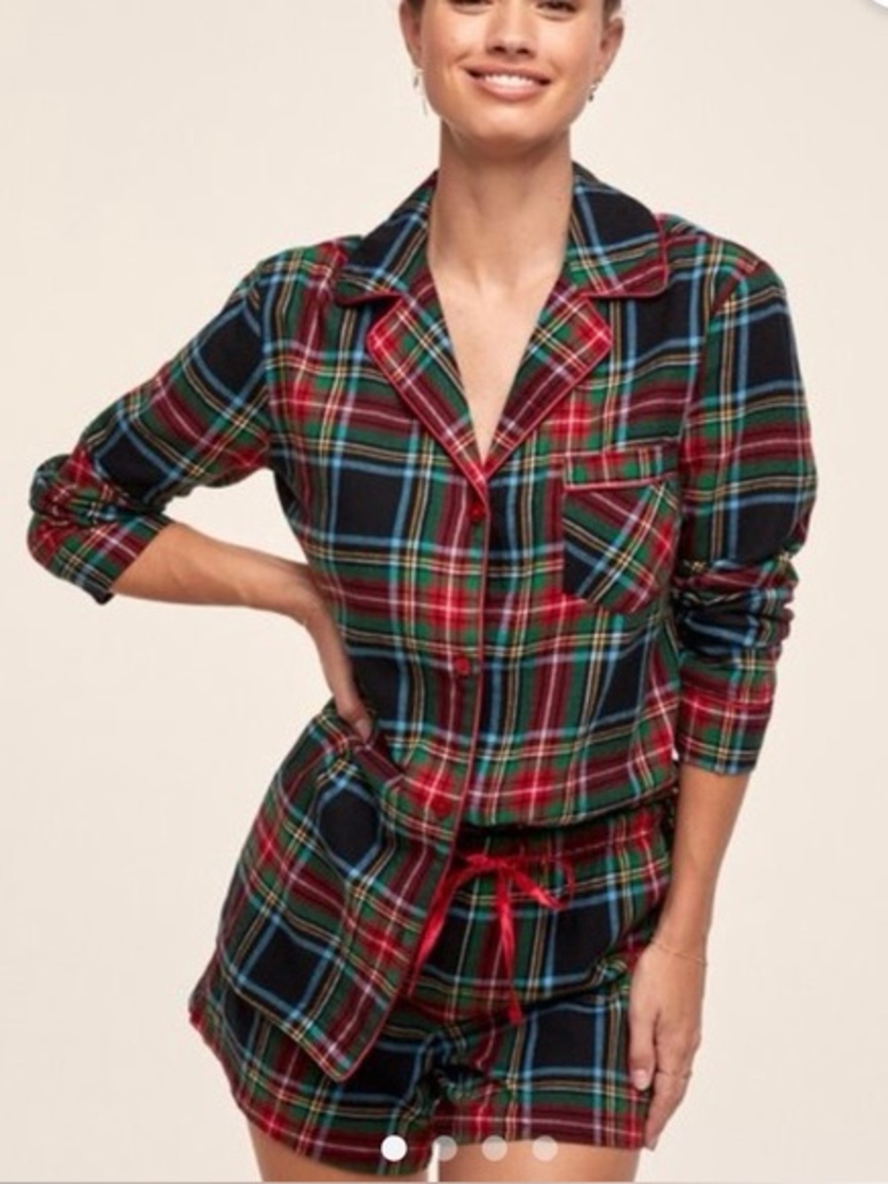 Adore Me Multicolor Plaid 2 Piece Long Sleeve Pajama Sleep Shorts Set Size Large